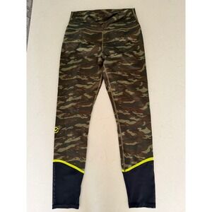 Virus Performance Camo Mesh Leggings Womens Large Green Brown Neon Yellow Piping